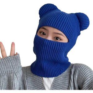 Women's Blue Winter Hat Warm Hooded Scarf Hat Balaclava Knit Skull Beanie